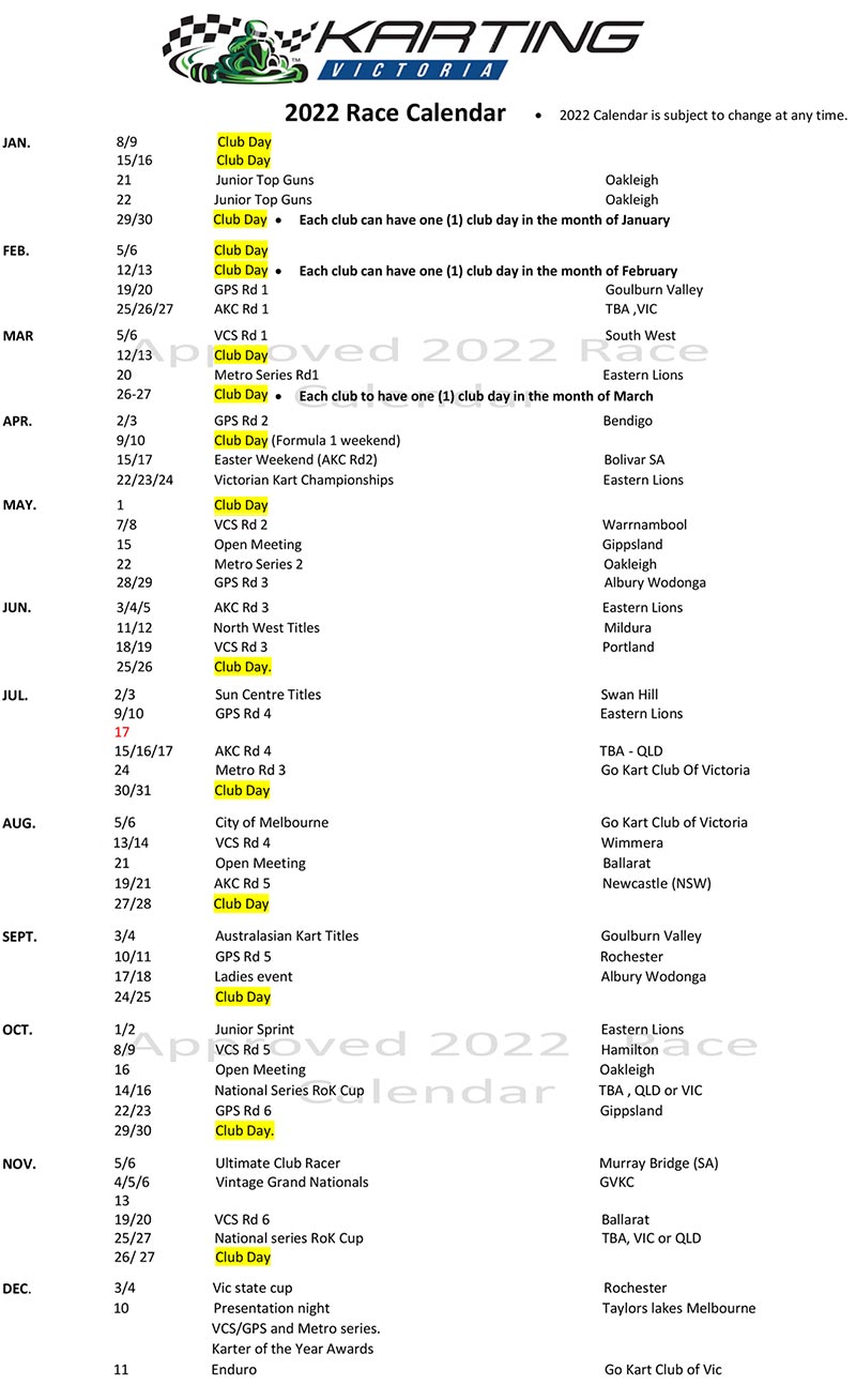 2022 Karting Victoria Racing Calendar Released Karting Victoria